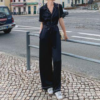 Contrast Trim Tie-waist Short-sleeve Jumpsuit