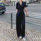 Contrast Trim Tie-waist Short-sleeve Jumpsuit