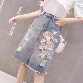 Embellished Midi A-line Denim Skirt