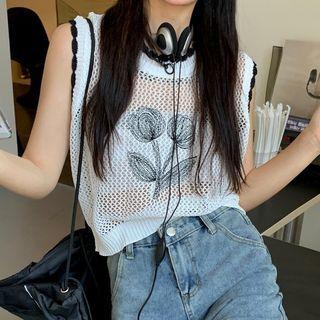 Flower Embroidered Knit Tank Top White - One Size