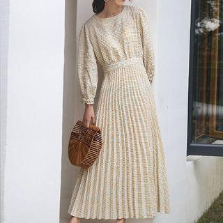 Long-sleeve Plaid A-line Midi Pleated Dress