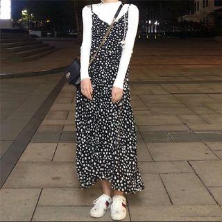 Long-sleeve Knit Top / Spaghetti Strap Printed Midi A-line Dress