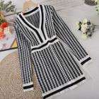 V-neck Color Block Long-sleeve Dress Black - One Size