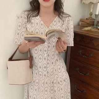 V-neck Print Midi A-line Dress Almond - One Size