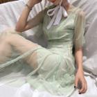 Set: Lace Trim Mesh Short Sleeve Dress + Slipdress
