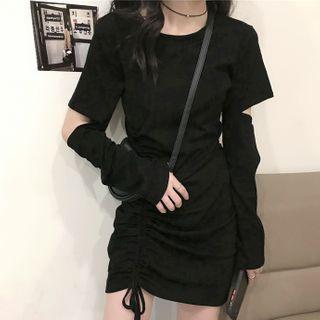 Long-sleeve Elbow-cutout Drawstring A-line Dress Black - One Size