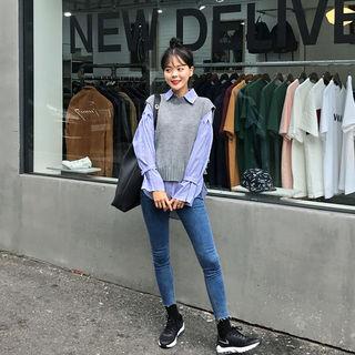 Set: Sleeveless Beribboned Knit Top + Stripe Shirt
