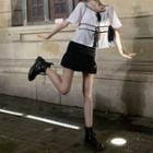 Tie-front Contrast Trim Top / Ruffle Hem Mini Skirt
