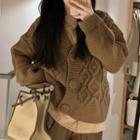 Long-sleeve Cable Knit Cardigan / Faux Leather Shorts / Long-sleeve Plain T-shirt