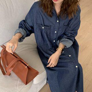 Long-sleeve Midi A-line Denim Shirt Dress