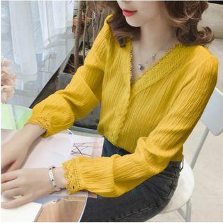 V-neck Shirred Chiffon Blouse