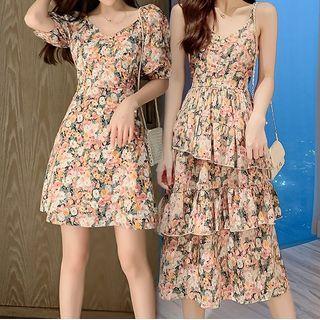 Flower Print Short-sleeve A-line Dress / Spaghetti Strap Midi Tiered Dress
