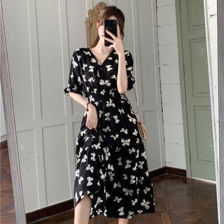 Puff-sleeve Bow Print Midi A-line Dress