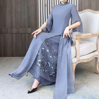 3/4-sleeve Floral Embroidered Panel A-line Dress