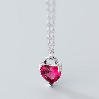 925 Sterling Silver Rhinestone Heart Lock Pendant Necklace S925 Silver - Necklace - Silver - One Size