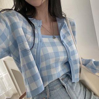 Long-sleeve Plaid Cropped Cardigan / Camisole Top / Set