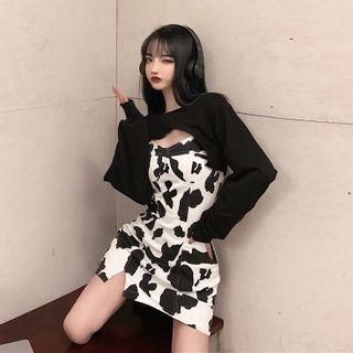 Spaghetti Strap Cow Print A-line Dress / Cropped Pullover
