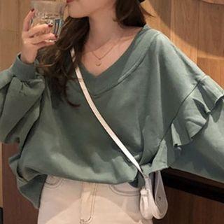 Plain V-neck Ruffled-trim Long-sleeve Pullover