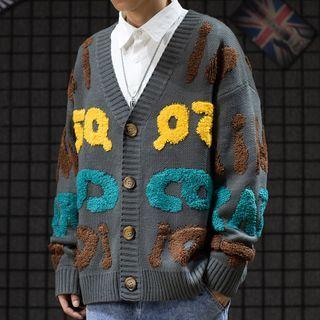 Contrast Color Lettering Knit Cardigan
