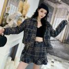 Plaid Tweed Button Jacket / Ruffle Hem Mini Skirt