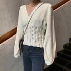 Pointelle Knit V-neck Sweater White - One Size