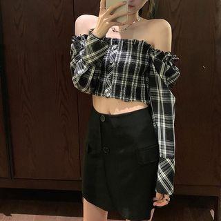 Long-sleeve Off-shoulder Plaid Blouse