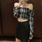 Long-sleeve Off-shoulder Plaid Blouse