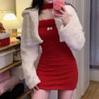 Halter-neck Bow Accent Mini Bodycon Dress / Fluffy Cropped Jacket