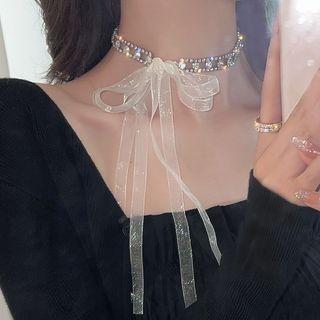 Rhinestone Ribbon Choker Silver - One Size
