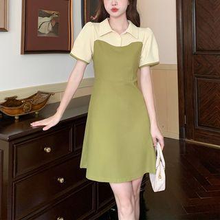 Short-sleeve Polo-neck Waist Panel Dress