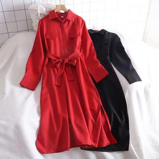 Tie-waist Plain Slit-side Midi Dress