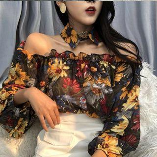 Floral Print Off Shoulder Blouse / Plain A-line Skirt