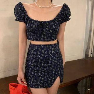 Cap-sleeve Floral Print Crop Top / Mini Pencil Skirt