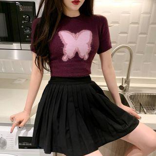 Short-sleeve Butterfly Print T-shirt Purple - One Size