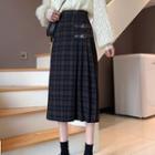 Buckled Plaid Midi A-line Skirt