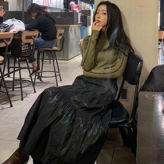 Long-sleeve Striped Knit Top / High-waist Layered Pleated Skirt