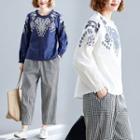 Long-sleeve Embroidered Top / Striped Pants / Set
