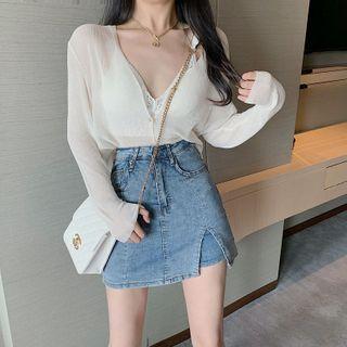 Lace Bralette / Cardigan / Mini Fitted Denim Skirt