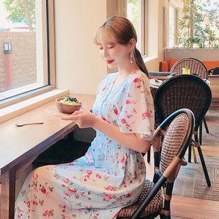 Smock-waist Long Floral Dress