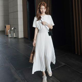 Short-sleeve Button Midi A-line Pleated Dress
