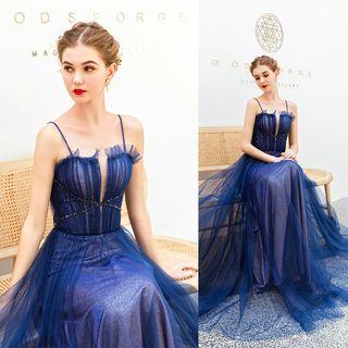 Spaghetti Strap Glitter Mesh A-line Evening Gown