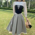 Color-block Long-sleeve Blouse / Lace-up Tube Top / Lace Skirt