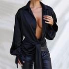 Puff-sleeve Tie Front V-neck Satin Blouse