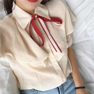 Bow Accent Ruffle Trim Short Sleeve Shirt