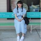 Puff-sleeve Open-back Midi A-line Dress Blue - One Size