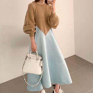 Lantern-sleeve Color Block Maxi Sweater Dress