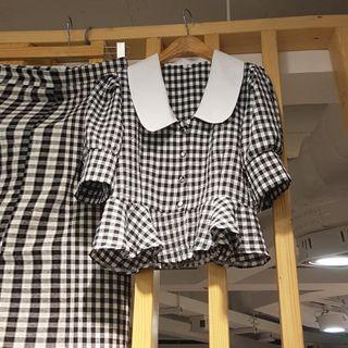 Collared Short-sleeve Check Cropped Blouse