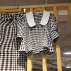 Collared Short-sleeve Check Cropped Blouse