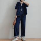 Set : V-neck Denim Shirt + Shift Denim Pants