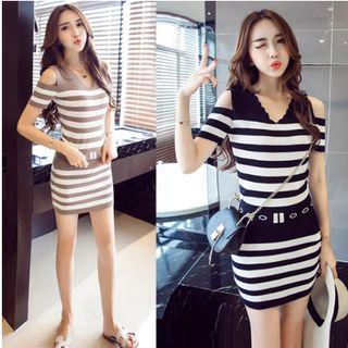 Set: Striped Cold Shoulder Knit Top + Mini Pencil Skirt